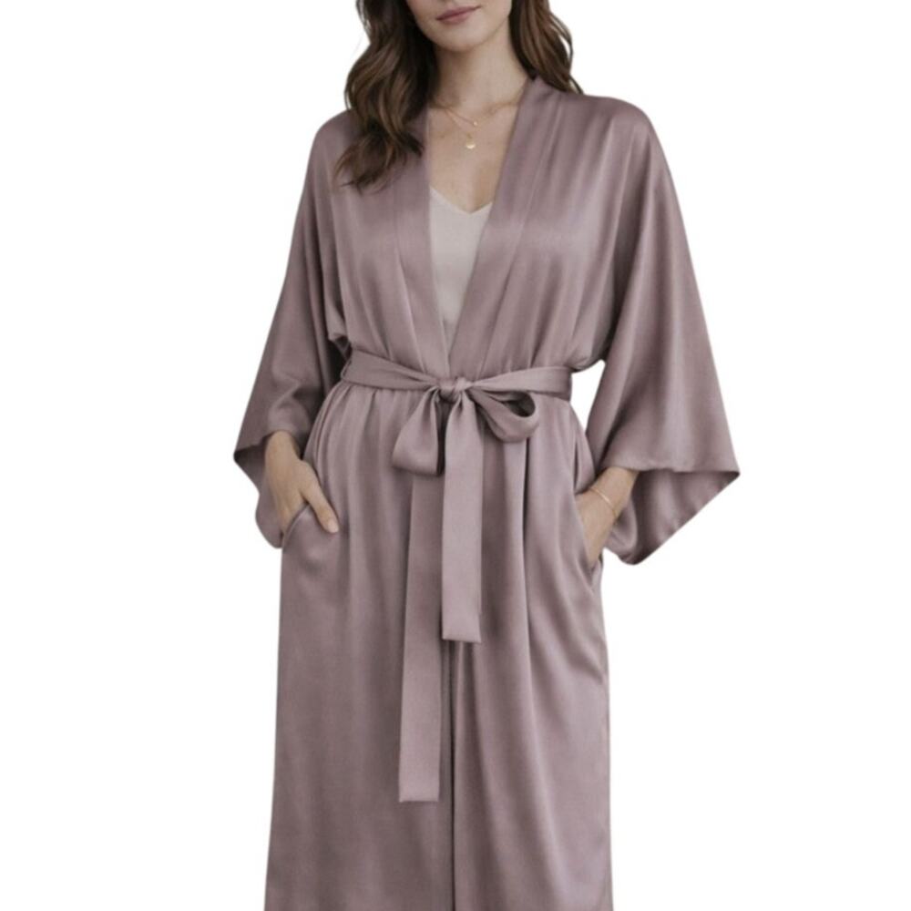 NWT Zara Silk Belted Robe Kimono Dressing Gown S/M Taupe Elegant Quiet Luxury